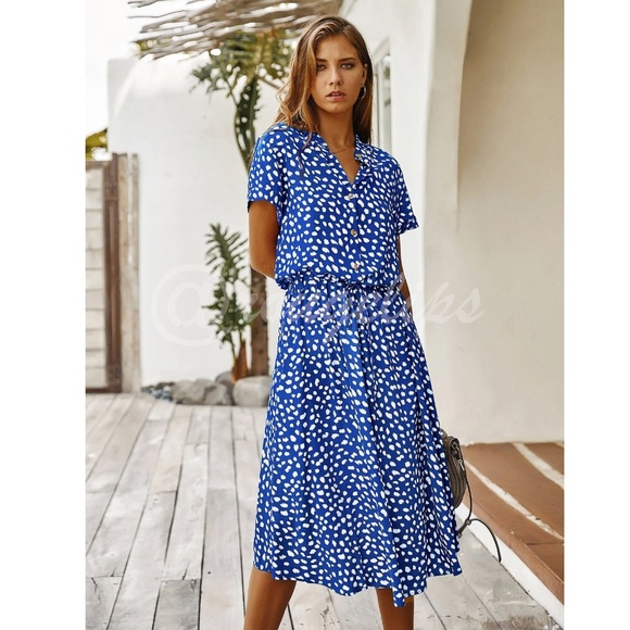Blue Dress All Over Spotted Print Neckline Notched Midi Shirt - Picture 5 of 7